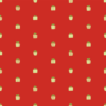 Christmas seamless pattern with crayon icons. Cute sketch of  green Christmas gifts. Winter holiday gift boxes, vector illustration