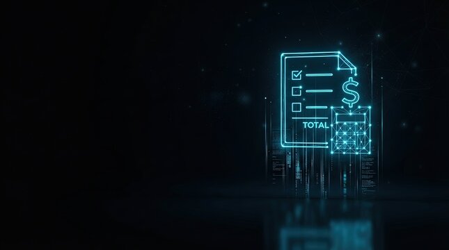 Glowing blue 3D wireframe of digital invoice system with currency icon showcasing futuristic tech innovation perfect for AI, blockchain, and smart finance applications