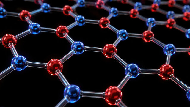 Graphene molecular lattice structure with hexagonal cell pattern featuring red and blue atom node on dark background, nanotechnology concept scientific illustration