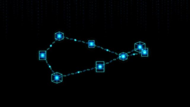 Glowing digital blockchain node network with 3D cubes on dark background