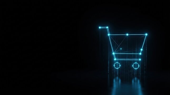 Striking 3D glowing blue wireframe shopping cart symbolizes AI, digital innovation, and futuristic tech against dark background perfect for tech marketing.