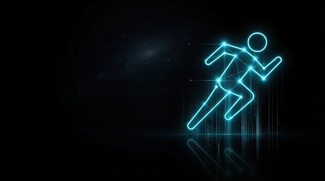Glowing blue wireframe human runner hologram against dark tech background ideal for AI, digital science, and high-tech innovation projects showcasing futuristic concepts.