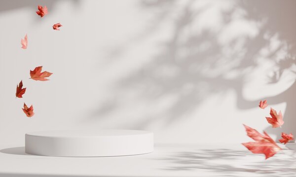 Circle podium stand on Autumn scene and red maple leaves. 3D rendering