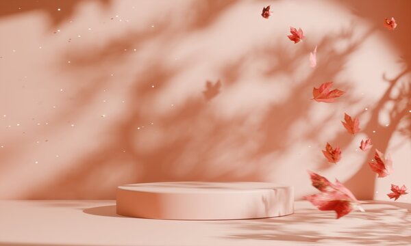 Circle podium stand on Autumn scene and red maple leaves. 3D rendering