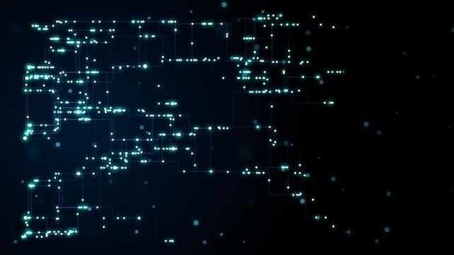 Glowing turquoise digital circuit board pathways with data particle nodes