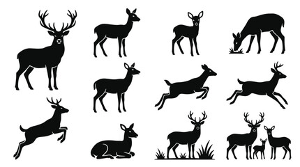 Fototapeta premium A collection of stylized deer silhouettes illustrates various poses and movements, showcasing the grace and beauty of these animals in nature.