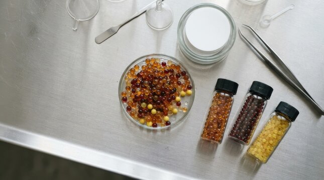 Ion exchange resin beads membrane filters forceps and glass vials on stainless laboratory bench