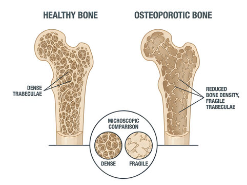 Healthy Bone vs Osteoporotic Bone Medical Illustration Comparing Femur Trabecular Density Microscopic Cross Section Isolated