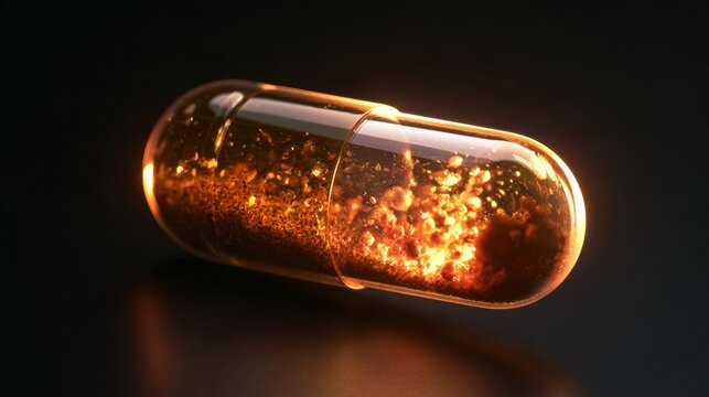 Close-up view of a translucent capsule containing quercetin and fisetin powder, revealing glowing amber contents against a dark background.