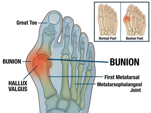 Hallux Valgus Bunion Foot Anatomy Medical Illustration Showing First Metatarsophalangeal Joint Deformity and Normal Foot Comparison Isolated