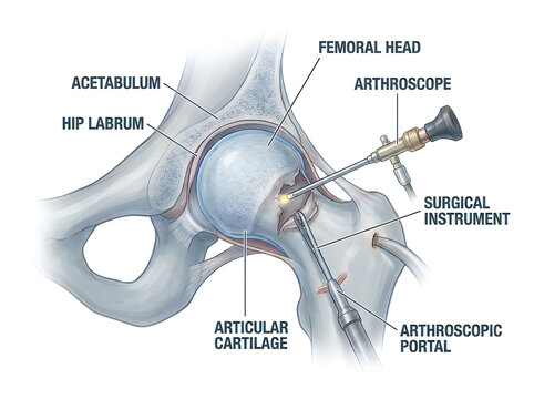 Hip Arthroscopy Medical Surgical Illustration Showing Arthroscope Portals Acetabulum Femoral Head and Labrum Repair Isolated