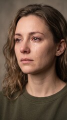 Fototapeta premium Woman with tears on her cheeks and a serious expression in a simple indoor setting