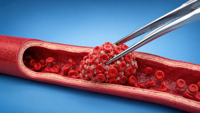 Forceps gripping red blood cell cluster forming clot inside vein cross section, stroke prevention concept, medical illustration on blue background