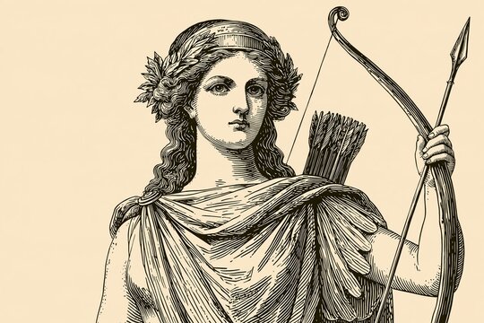 Vintage Engraving of Artemis Greek Goddess of the Hunt with Bow and Arrows