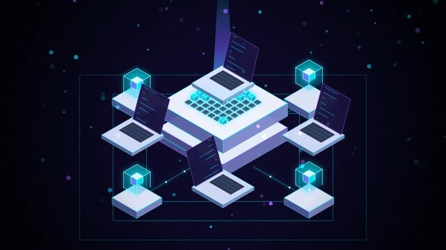 Isometric network of laptops connecting to a central database for data transfer motion graphics
