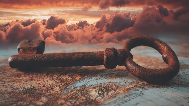 An antique key rests on an old map, symbolizing the possibilities of exploration and discovery.
