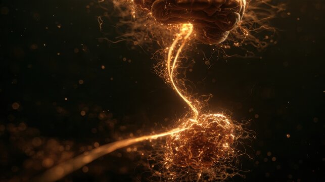 Abstract representation shows bidirectional communication between the microbiome in the gut and the brain, set against a dark background.