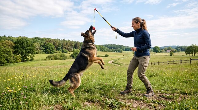 Woman playing fetch with energetic dog in green meadow under bright sky
