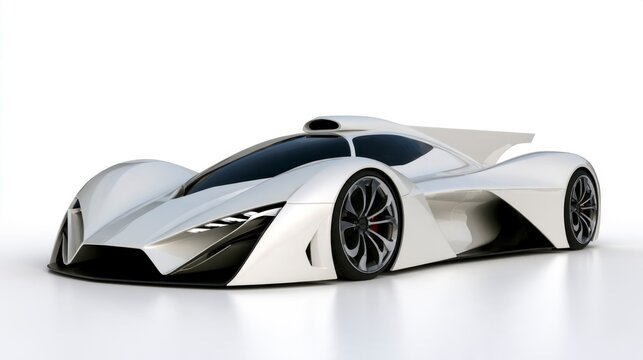 Futuristic White Hypercar Concept Car with Aerodynamic Design on White Background, 3D Render