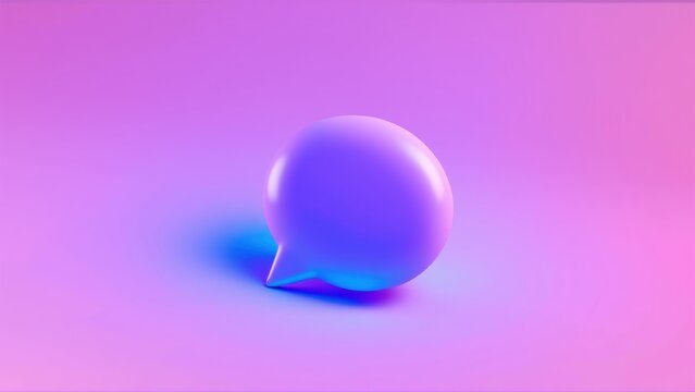 Purple speech bubble floats above pink surface. Minimalist design, soft lighting creates subtle shadow. Modern digital concept.