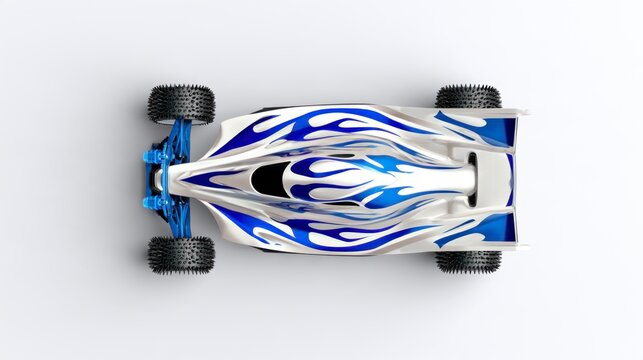 Top down view of a custom painted radio controlled RC buggy with blue flames on a white background