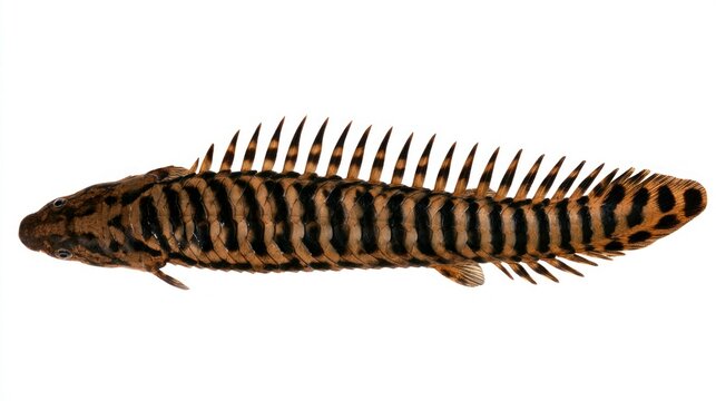 Saddled Bichir (Polypterus endlicheri) isolated on white background, top view
