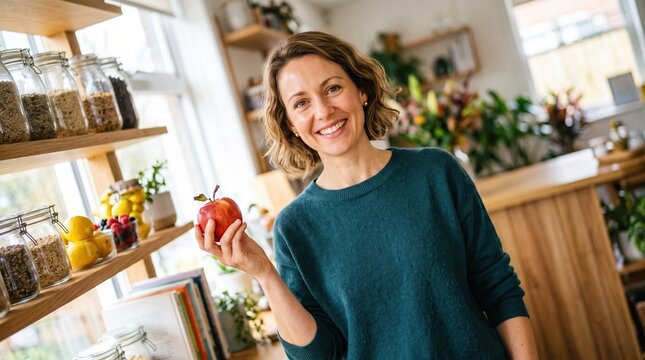 Smiling woman holding fresh apple in cozy kitchen setting