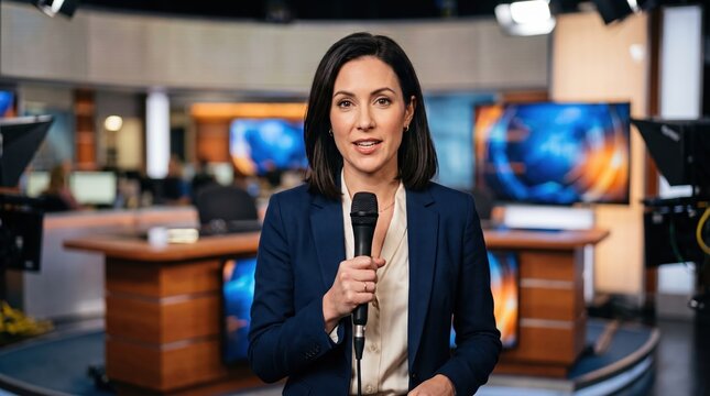 Professional news anchor delivering broadcast in modern studio setting