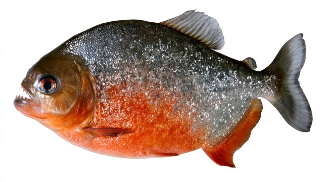 Red-bellied piranha (Pygocentrus nattereri) fish showing sharp teeth isolated on white background
