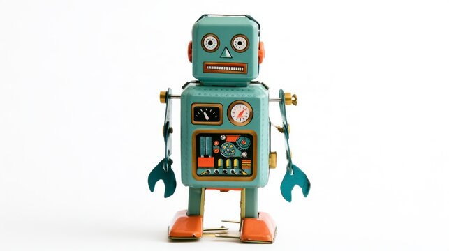 Vintage Teal Tin Toy Robot Isolated on White Background