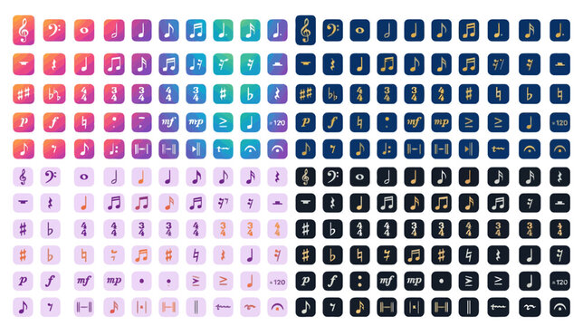 Colorful Music Notes Icons Set, Musical Symbols Collection, Vector Graphics