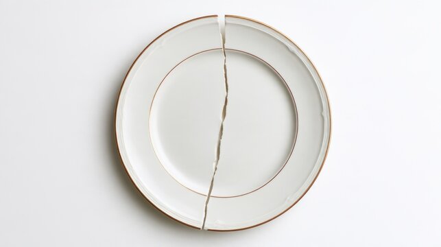 Broken white ceramic plate with gold rim split in two halves on a plain white background