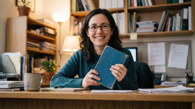 Woman smiling while reading book in cozy home office workspace