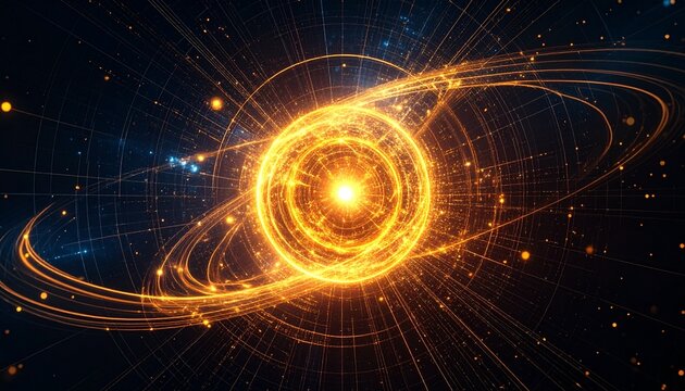 超高速な計算科学を表現する量子コンピューターのコアと輝く数式データ