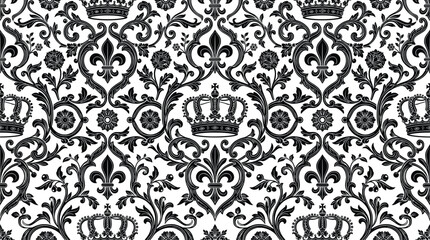 Vintage damask pattern vector background, regal crown and fleur de lis ornament template, black and white seamless wallpaper texture © Rohij Uddin