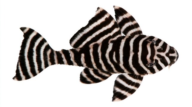 Top view of a zebra pleco fish (Hypancistrus zebra) with black and white stripes isolated on white background