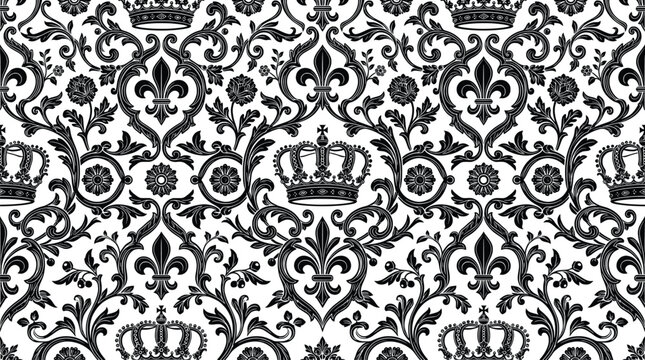 Vintage damask pattern vector background, regal crown and fleur de lis ornament template, black and white seamless wallpaper texture