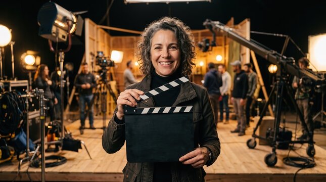 Filmmaker holding clapperboard on professional movie set with crew