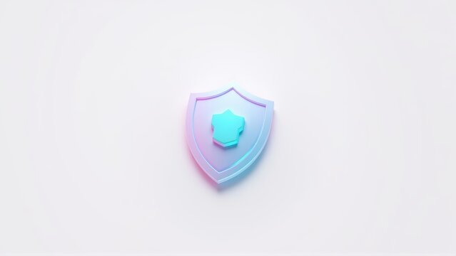 Shield icon displays vibrant blue, pink hues. Minimalist design, clean background creates modern aesthetic. Symbol represents security, protection.