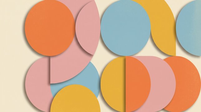 Abstract geometric composition with overlapping circles and semicircles in pastel colors and shadows
