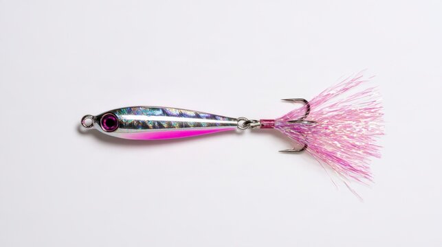 Silver and Pink Metal Jig Fishing Lure with Treble Hook Isolated on White Background