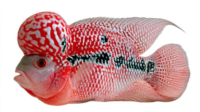 Vibrant Red Flowerhorn Cichlid Fish Isolated on White Background