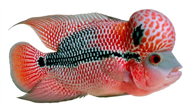 Vibrant Flowerhorn Cichlid Fish with Large Nuchal Hump Isolated on White Background