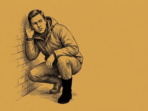 Eavesdropping man crouched by wall in vintage ink illustration