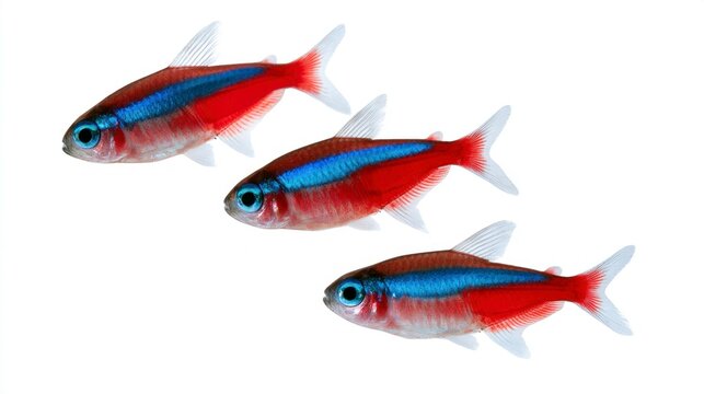 Three Cardinal Tetra Fish (Paracheirodon axelrodi) isolated on white background