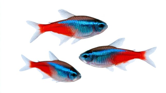 Three neon tetra fish (Paracheirodon innesi) isolated on white background