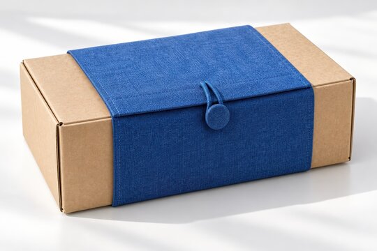 Brown cardboard box with blue fabric strap and button closure, positioned on a light surface with soft shadows creating a minimalistic and elegant presentation