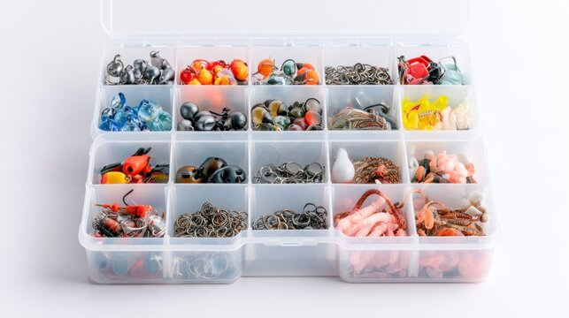 Organized Fishing Tackle Box with Assorted Lures, Hooks, and Baits on White Background