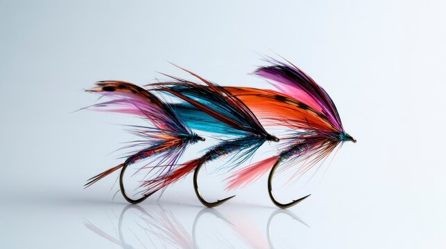 Set of three vibrant hand-tied fly fishing lures with colorful feathers and hooks, isolated on a reflective white background.