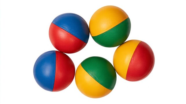 Set of five colorful two-tone juggling balls isolated on a white background